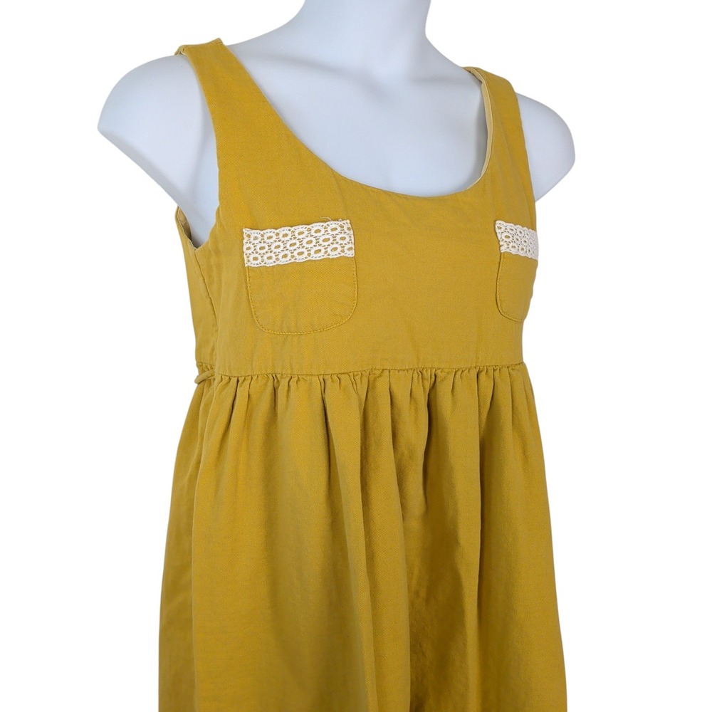 Mori Girl Mustard Yellow Cotton Lace Trim Babydoll Dress Sleeveless